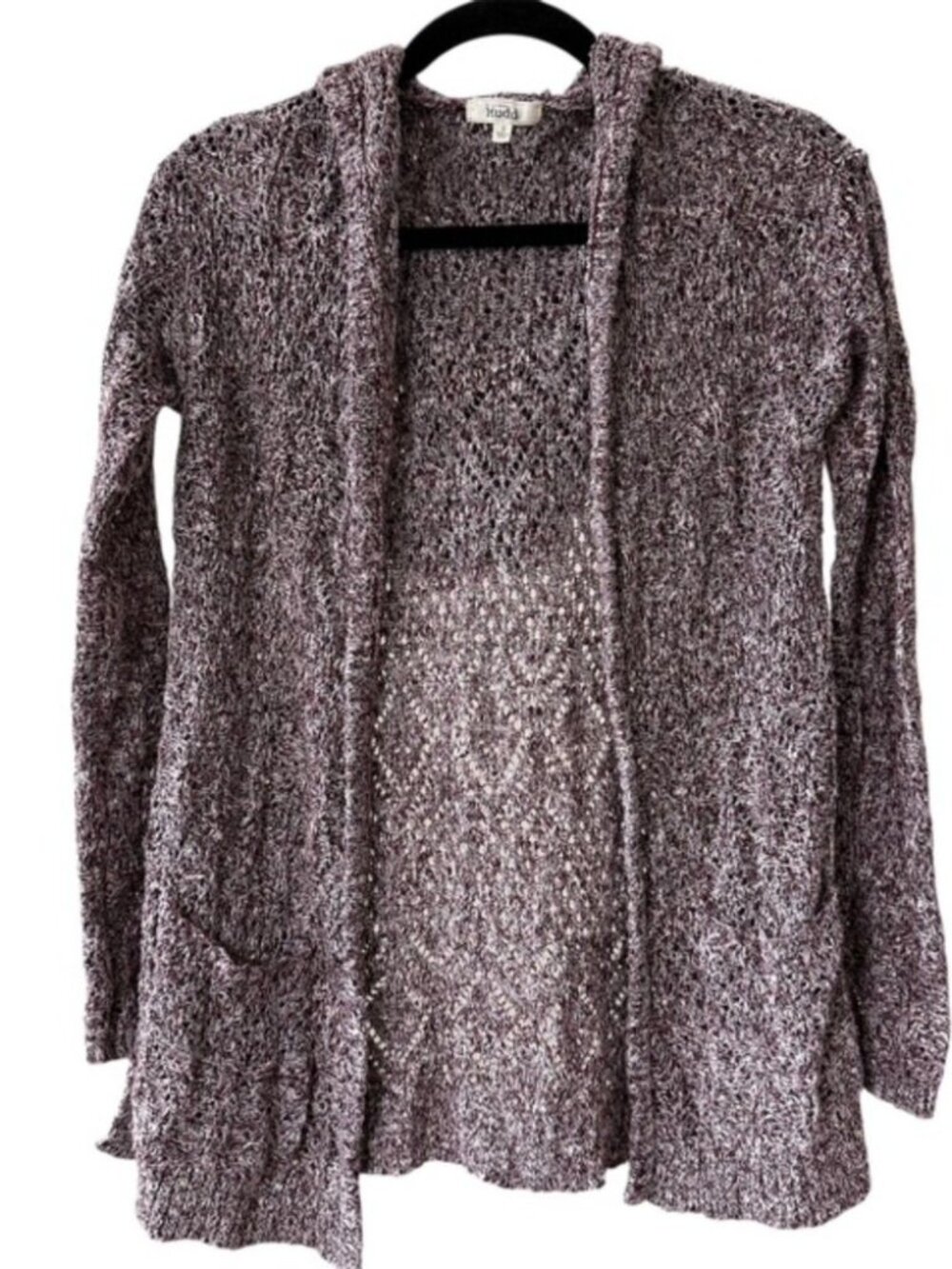 Mudd Open Weave Knit Marled Burgundy LS Hooded Open Drape Front Patch Pockets